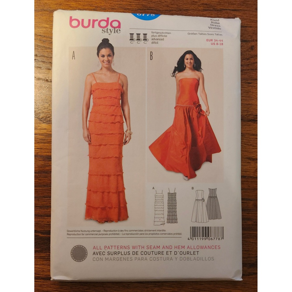 Burda Style 6778 Sewing Pattern Misses Tiered Ruffle Strapless Gown Size 8-18
